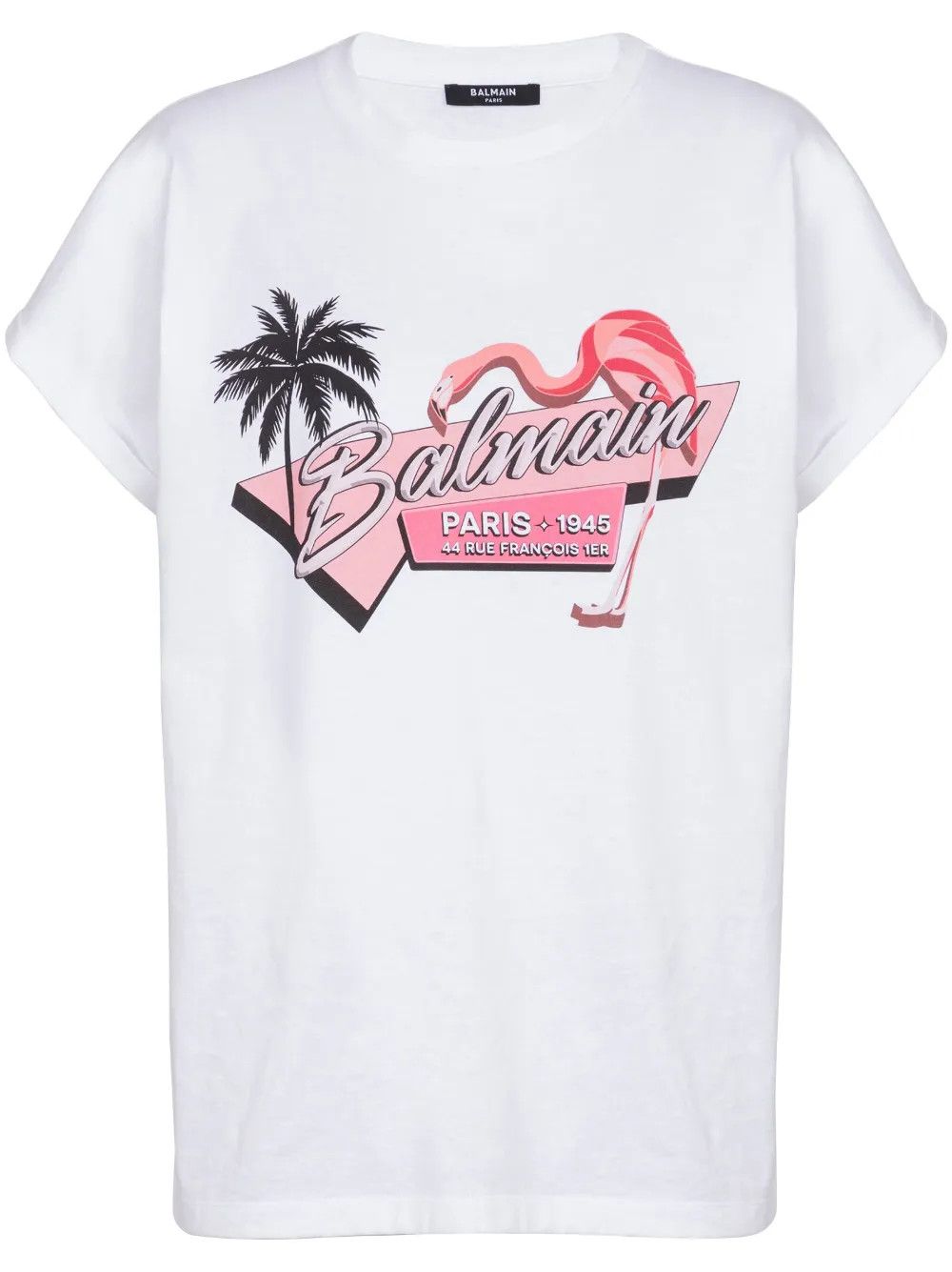 Balmain o1s1wg110725 Flamingo Print Cotton T-Shirt in White Size S / US 4 / IT 40 - 1 Thumbnail