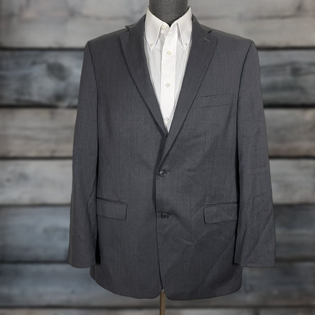 Calvin Klein Sport Coat Mens 44L Gray Wool Solid Two-Button Double-Vented Blazer Jacket Coat Notch Labeled 44L Mens