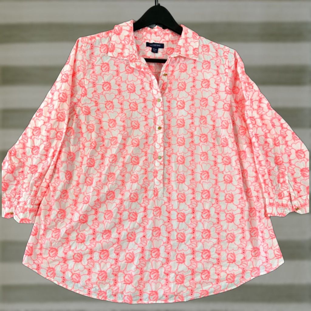 Lands' End Lands' End Shirt Top Womens 18W Hot Pink Floral Embroidered Boho 3/4 Sleeve Collared Shirt Size XXL / US 16-18 / IT 52-54 - 1 Thumbnail