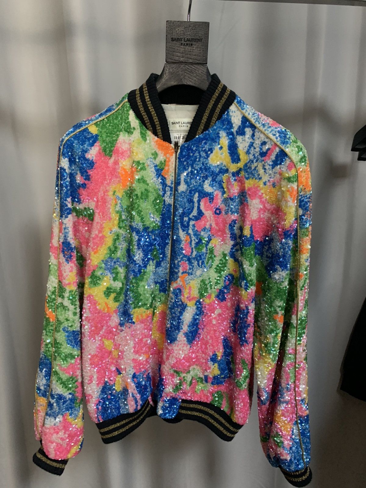 Saint Laurent 2016SS multi- color sequins bomber jacket