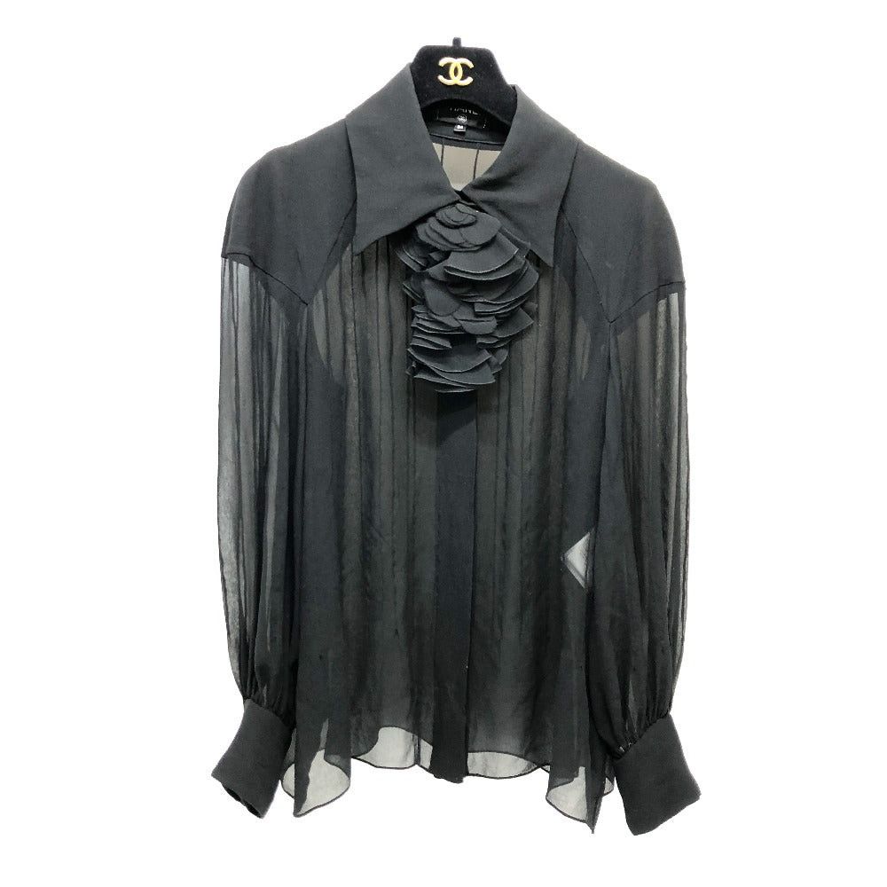Chanel Chanel P55115 Apparel (Clothing) Long Sleeves Tops See-Through Camellia Brooch Blouse Silk Women Black Size XS / US 0-2 / IT 36-38 - 1 Thumbnail