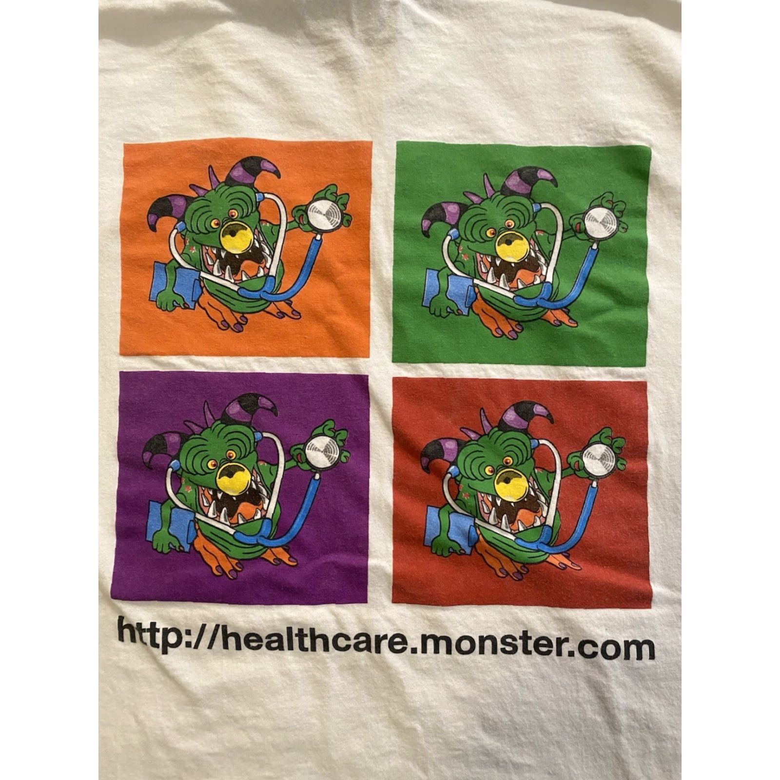 Hanes VINTAGE Hanes Heavyweight Monster.Com T Shirt White Mens Large Crew Neck Short Sleeve Cotton Graphic Print 90s Cartoon Advertising Double-Sided Size US L / EU 52-54 / 3 - 6 Thumbnail