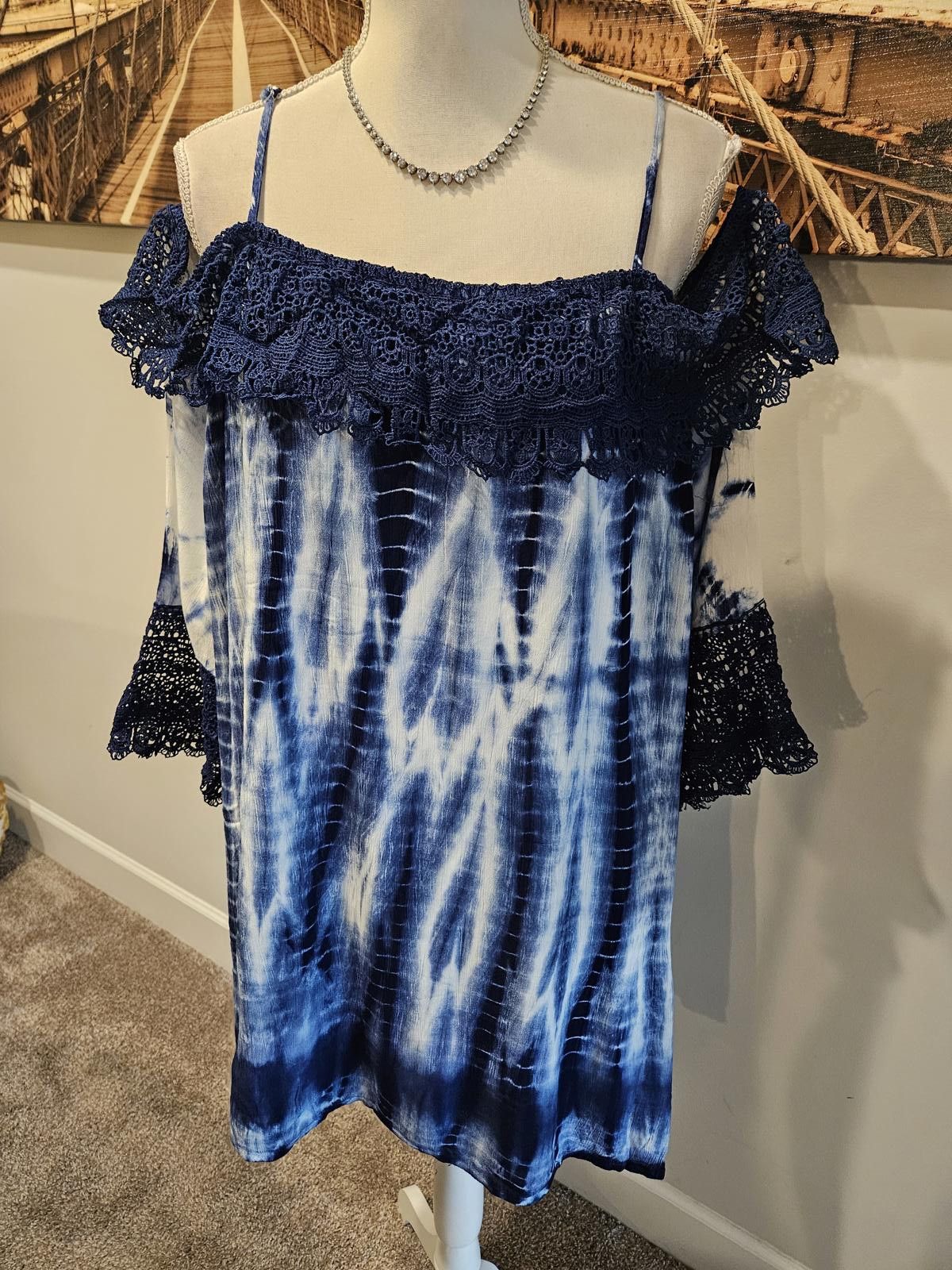 Designer Nwt NYC Navy Tie-Dye Off-Shoulder Coverup with Crochet Trim Size ONE SIZE - 5 Thumbnail