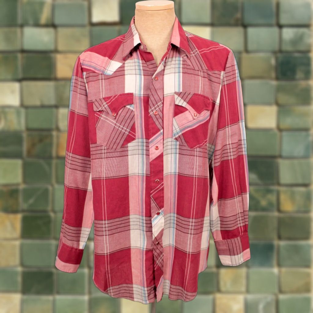 Vintage VINTAGE H Bar C Shirt Mens Western 80s Red White Plaid Sz Large 16.5 35 1980s Mens Size US L / EU 52-54 / 3 - 1 Thumbnail