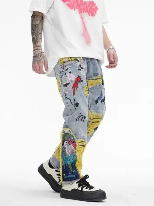 Japanese Brand × Jean Retro heavy embroidery ripped washed distressed jeans Size US 32 / EU 48 - 3 Thumbnail