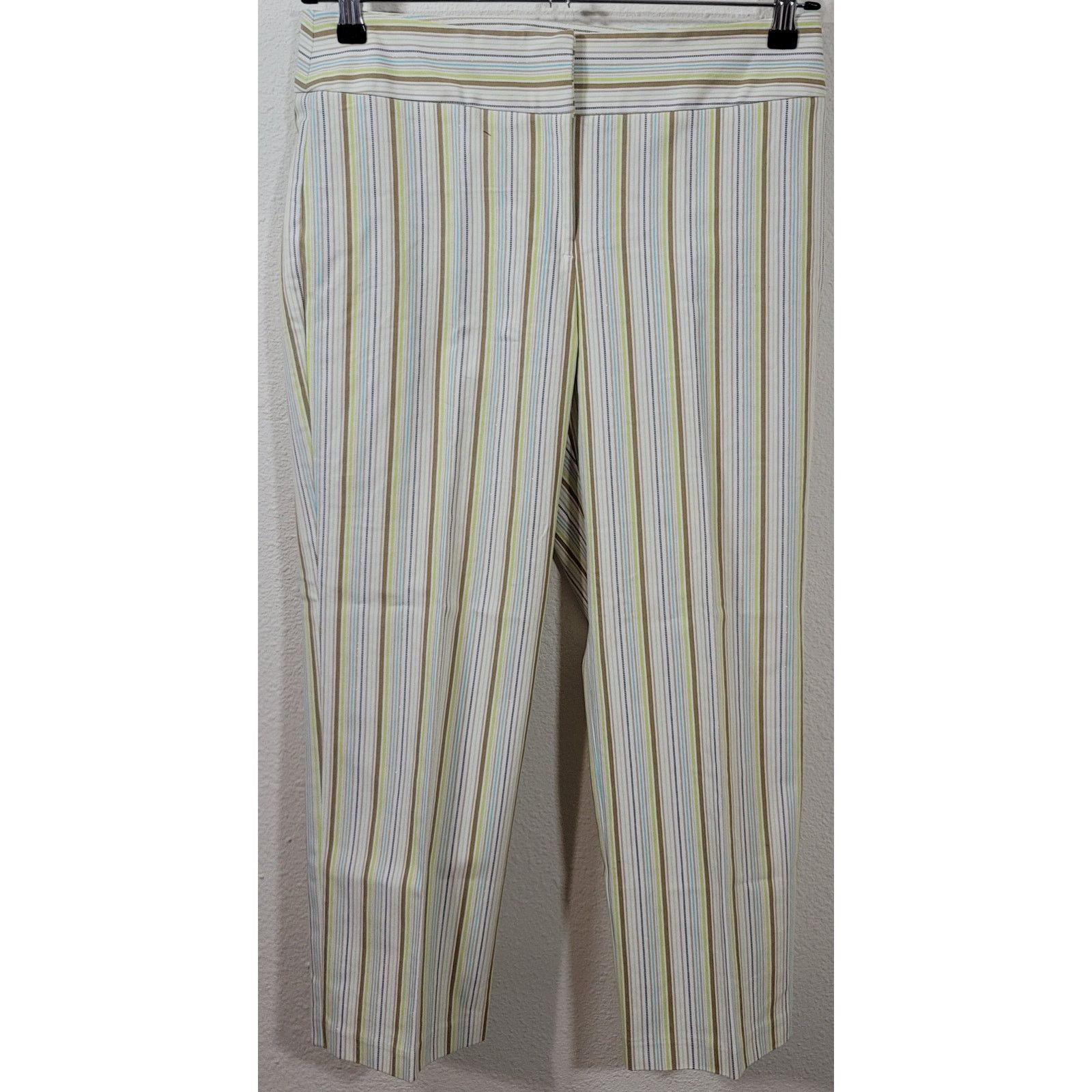 Other I.E. Tan Lime Green Striped Flat Front Cropped Pants 10 Soft Size 32" / US 10 / IT 46 - 1 Thumbnail