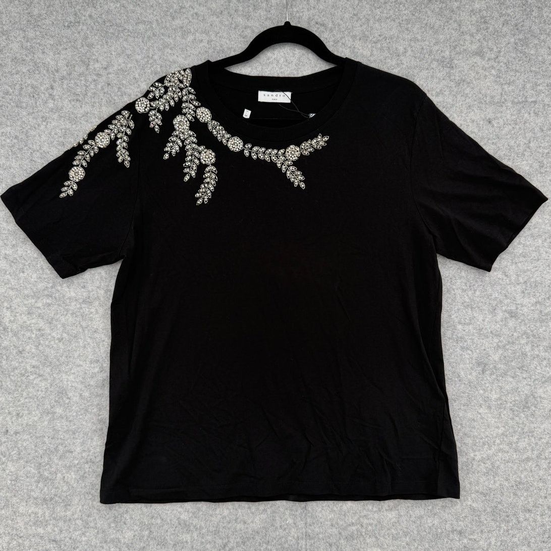 Sandro NEW Sandro Stras Beaded Rhinestone Embellished Black T-Shirt Size L / US 10 / IT 46 - 1 Thumbnail