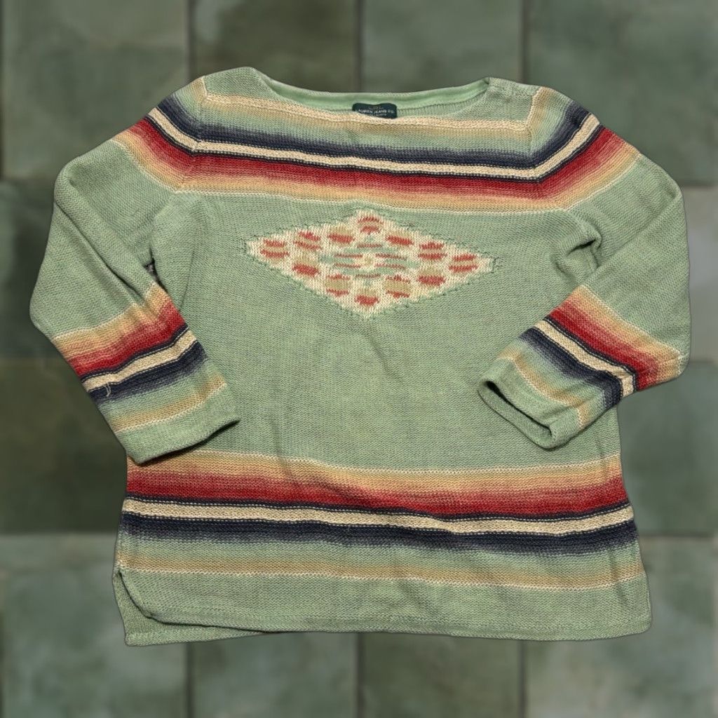 Ralph Lauren Lauren Ralph Lauren Sweater Women M Multicolor Aztec Stripe Boat Neck 3/4 Sleeve Linen Blend Knit Southwestern Size M / US 6-8 / IT 42-44 - 1 Thumbnail