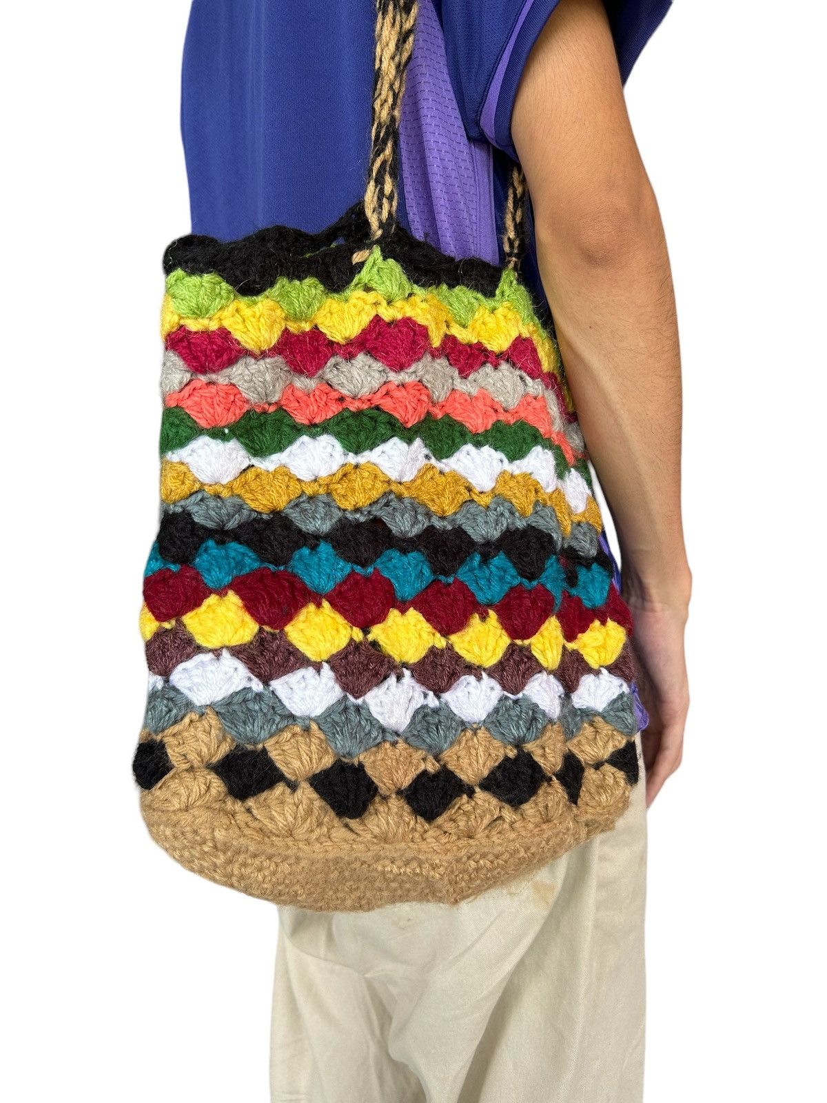 Japanese Brand × Kapital × Vintage Hippies style Crochet Knitted Handmade Tote Bag🌈 Size ONE SIZE - 2 Thumbnail