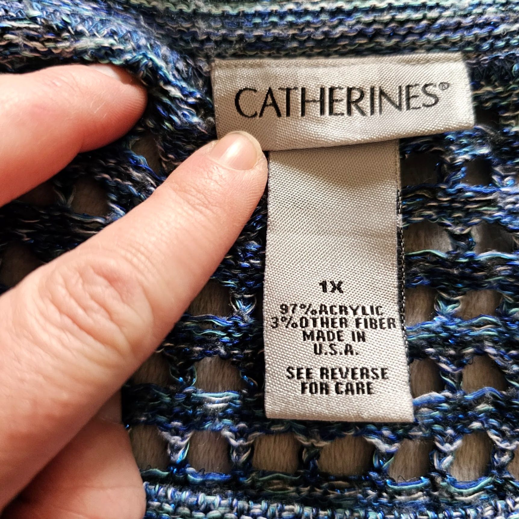Vintage Catherines Blouse Shirt Womens 1X Blue Open Knit Short Sleeve Round Neck Casual Size XL / US 12-14 / IT 48-50 - 3 Thumbnail