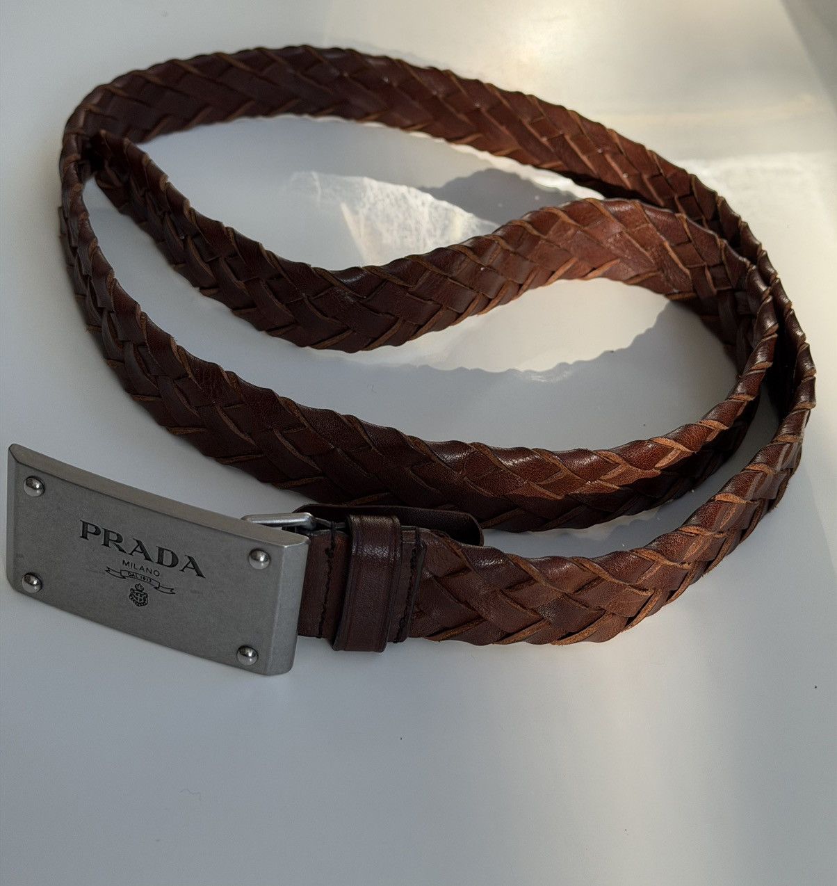 Prada vintage 80s Brown metallic leather belt~LG Chrome monogram buckle~openedge Prada Savoia Crest Vintage Buckle Belt Brown Croc Embossed  main image 2