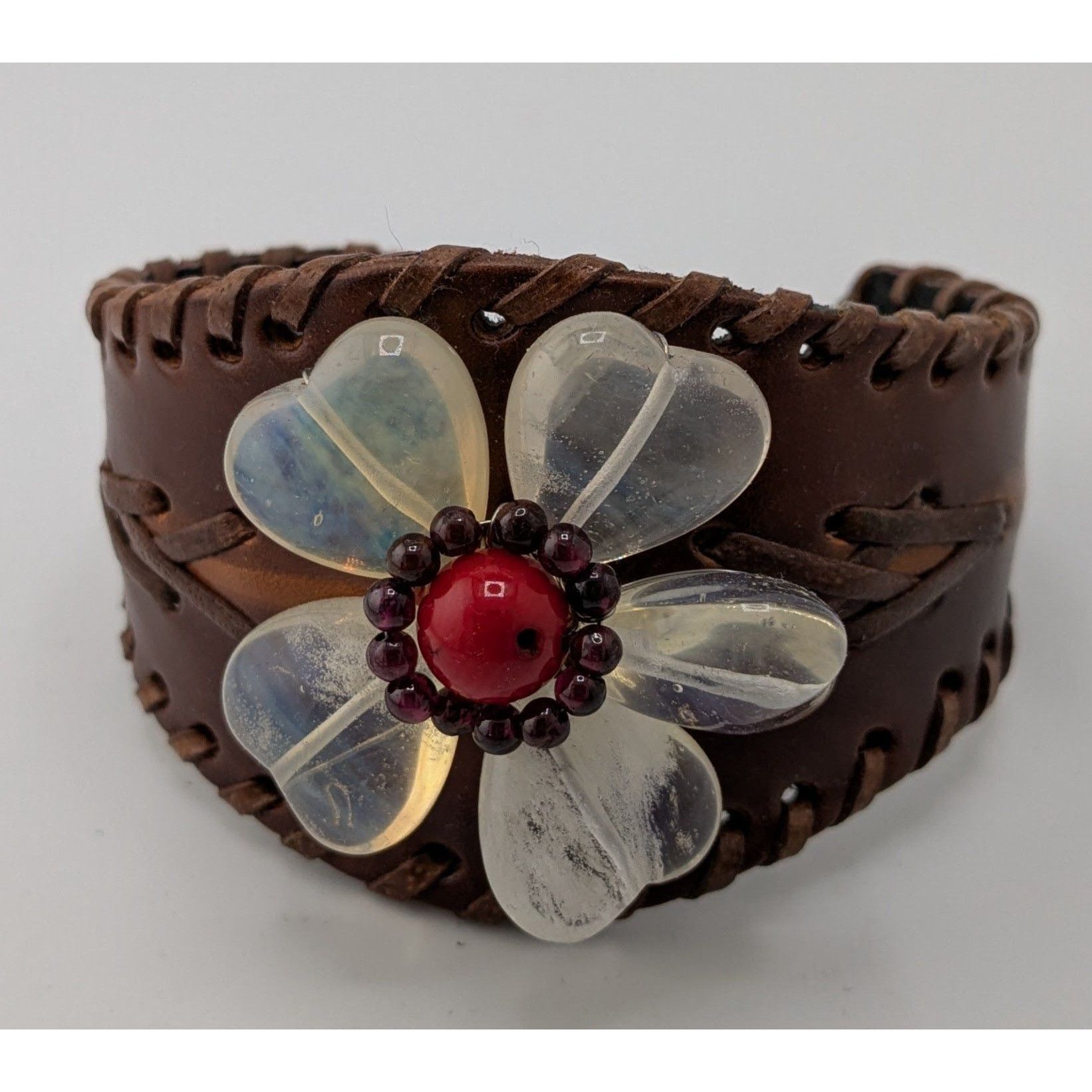 Handmade Handcrafted Leather Cuff Bracelet With Gemstone Flower Desig Size ONE SIZE - 5 Thumbnail