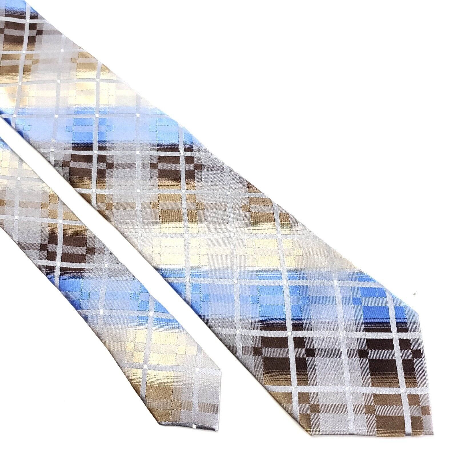 Van Heusen Van Heusen Silk Tie Brown Blue Plaid Woven Size ONE SIZE - 1 Thumbnail