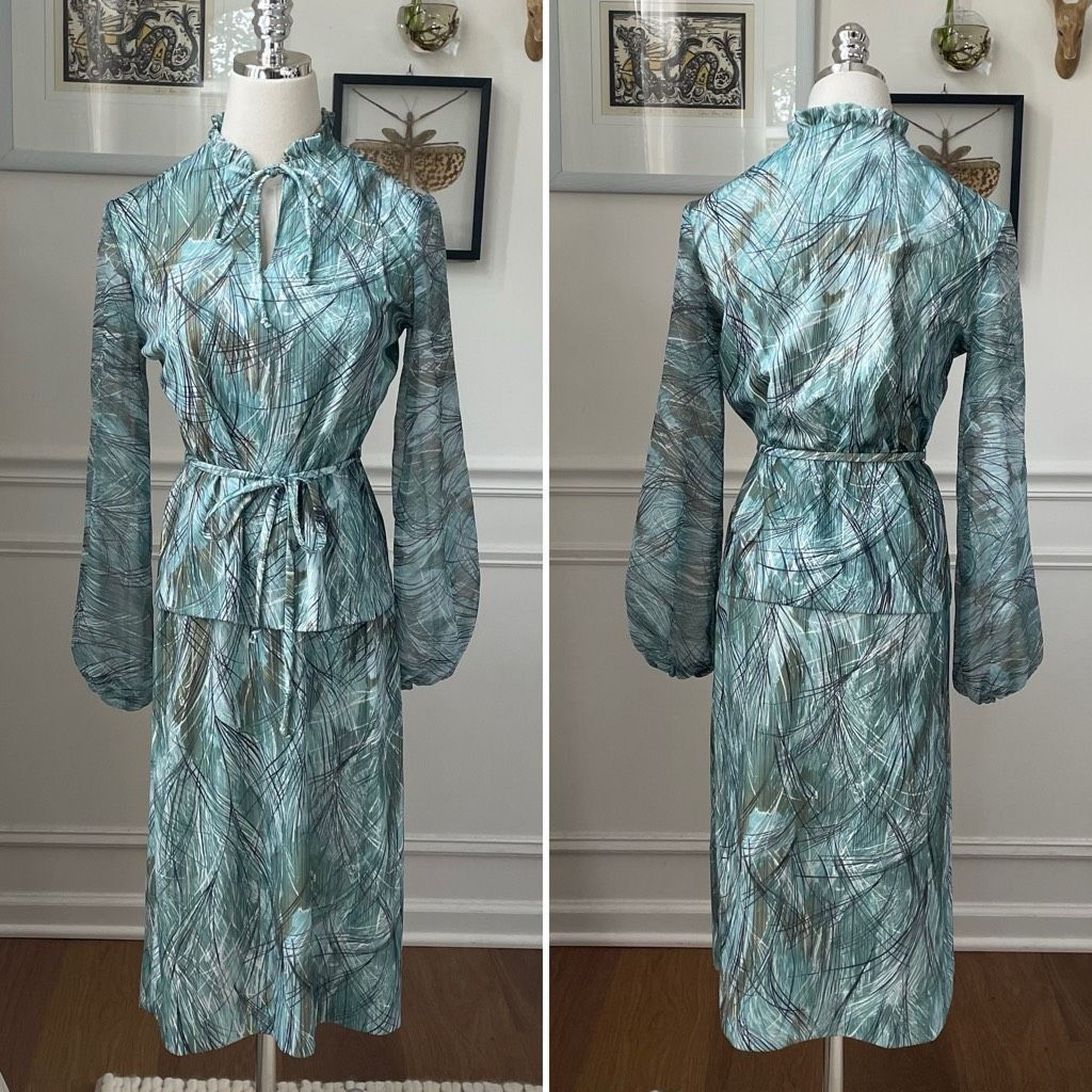 Vintage Vintage 70s 2pc Blouse Skirt Green Brown Retro Crosshatch Pa Size S / US 4 / IT 40 - 1 Thumbnail