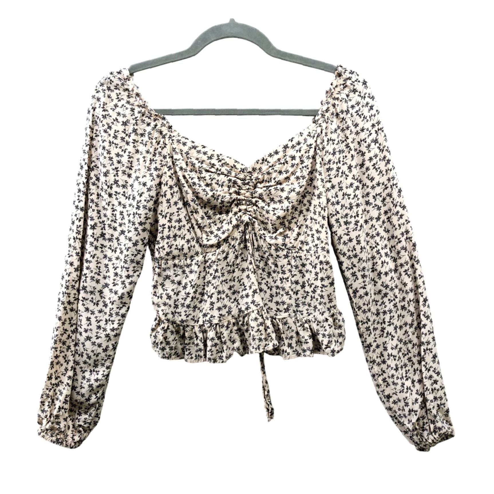 Vintage Japna Smocked Blouse Womens M Long Sleeve Beige Floral Ruffle Drawstring Wool? No—Rayon Blouse - Bohemian Cropped Casual Womens M Size M / US 6-8 / IT 42-44 - 2 Thumbnail