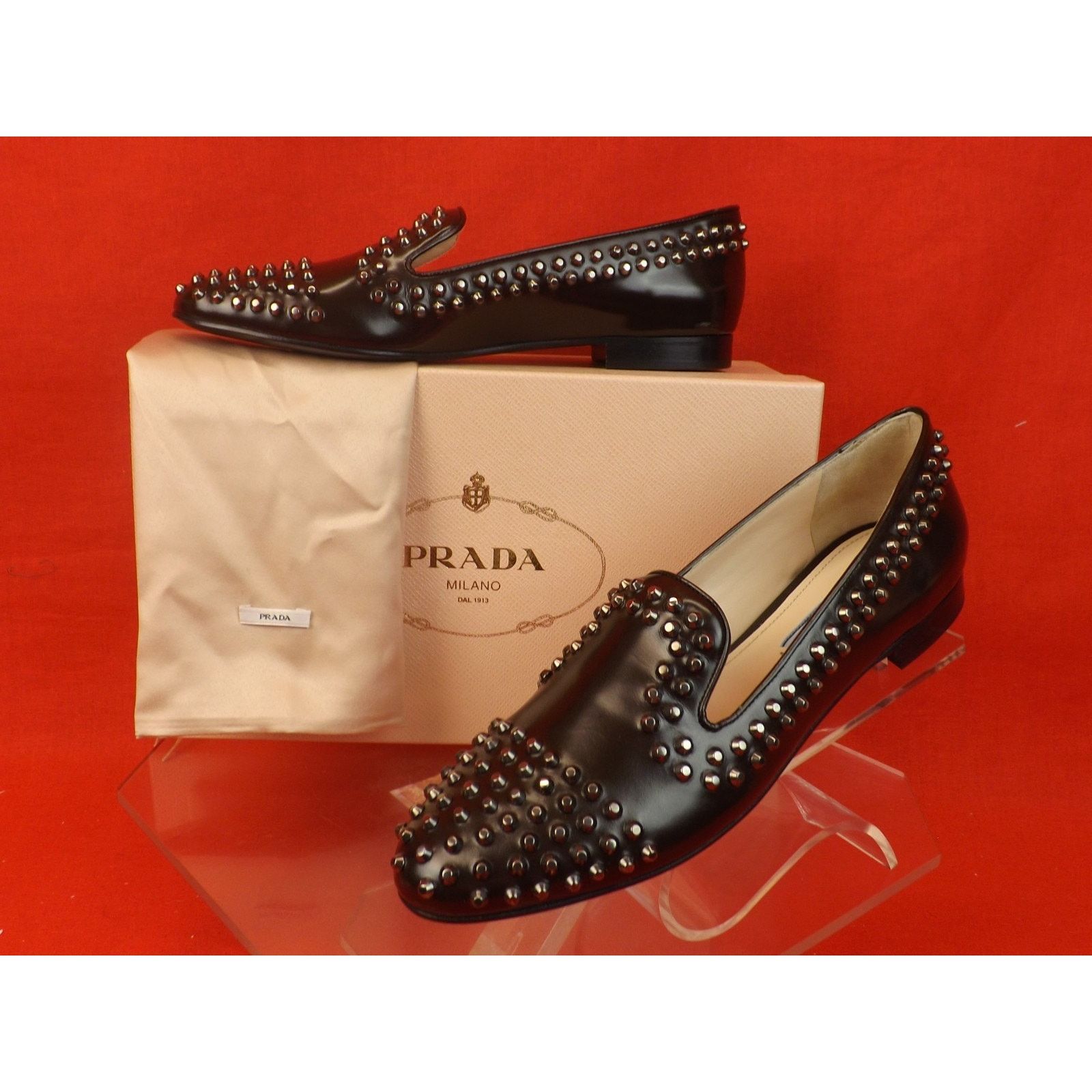 Prada PRADA 1S275E BROWN LEATHER SILVER METAL STUDS FLATS 35.5 Size US 5.5 / IT 35.5 - 4 Thumbnail