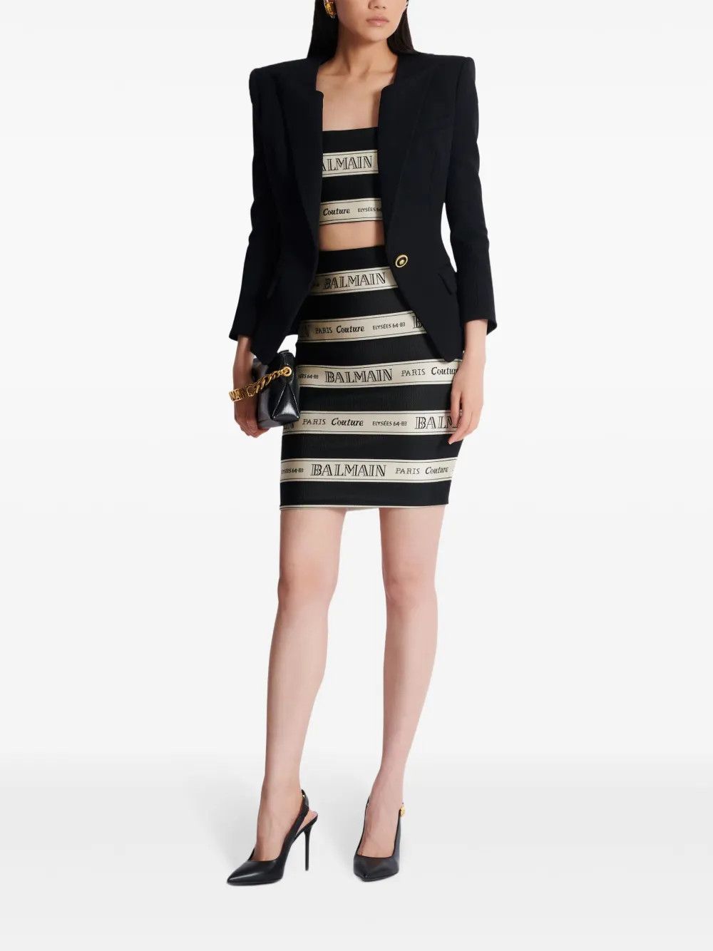 Balmain o1s1wg111225 Ribbon Jacquard Crop Top in Black/Champagne Size S / US 4 / IT 40 - 7 Thumbnail