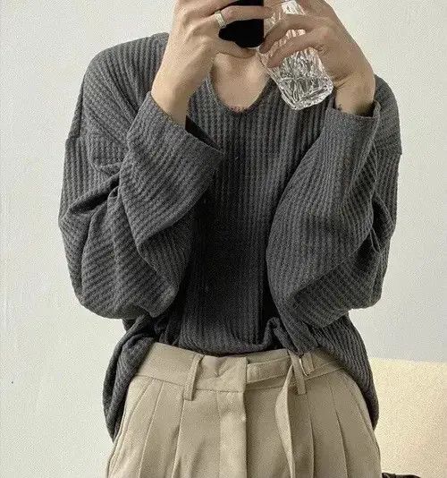 VIBE Korean fashion grey U neck long sleeve waffle top Size US M / EU 48-50 / 2 - 7 Thumbnail