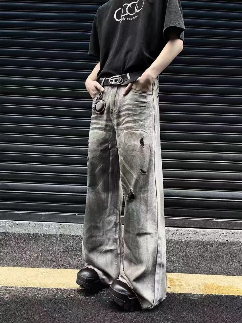 Designer × Japanese Brand Faded color washed dirty wash ripped design wide leg jeans Size US 33 - 2 Thumbnail