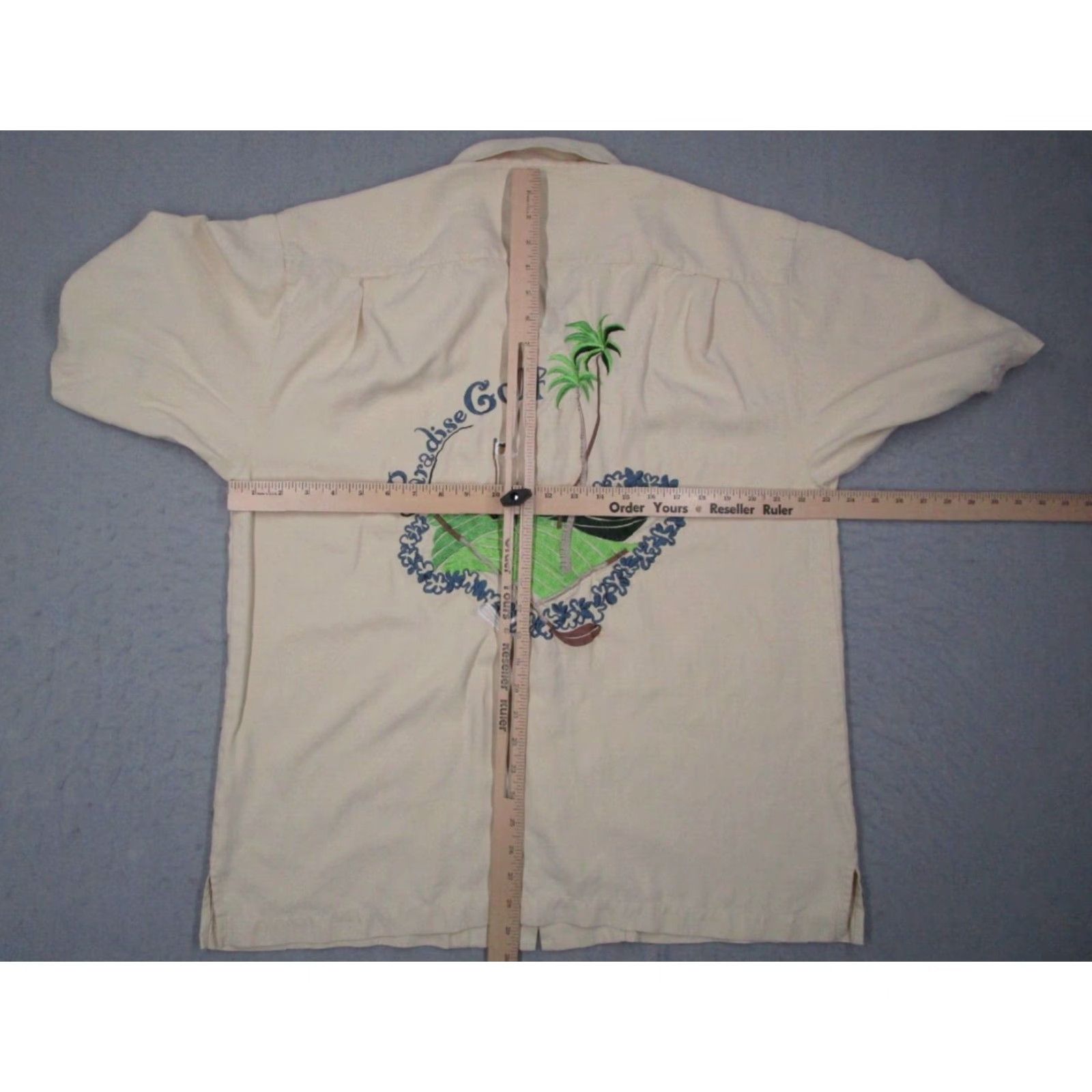 Paradise Kahala Mens Large Beige Silk Button Up Short Sleeve Hawaiian Shirt Paradise Golf Embroidered Tropical Beach Size US L / EU 52-54 / 3 - 7 Thumbnail