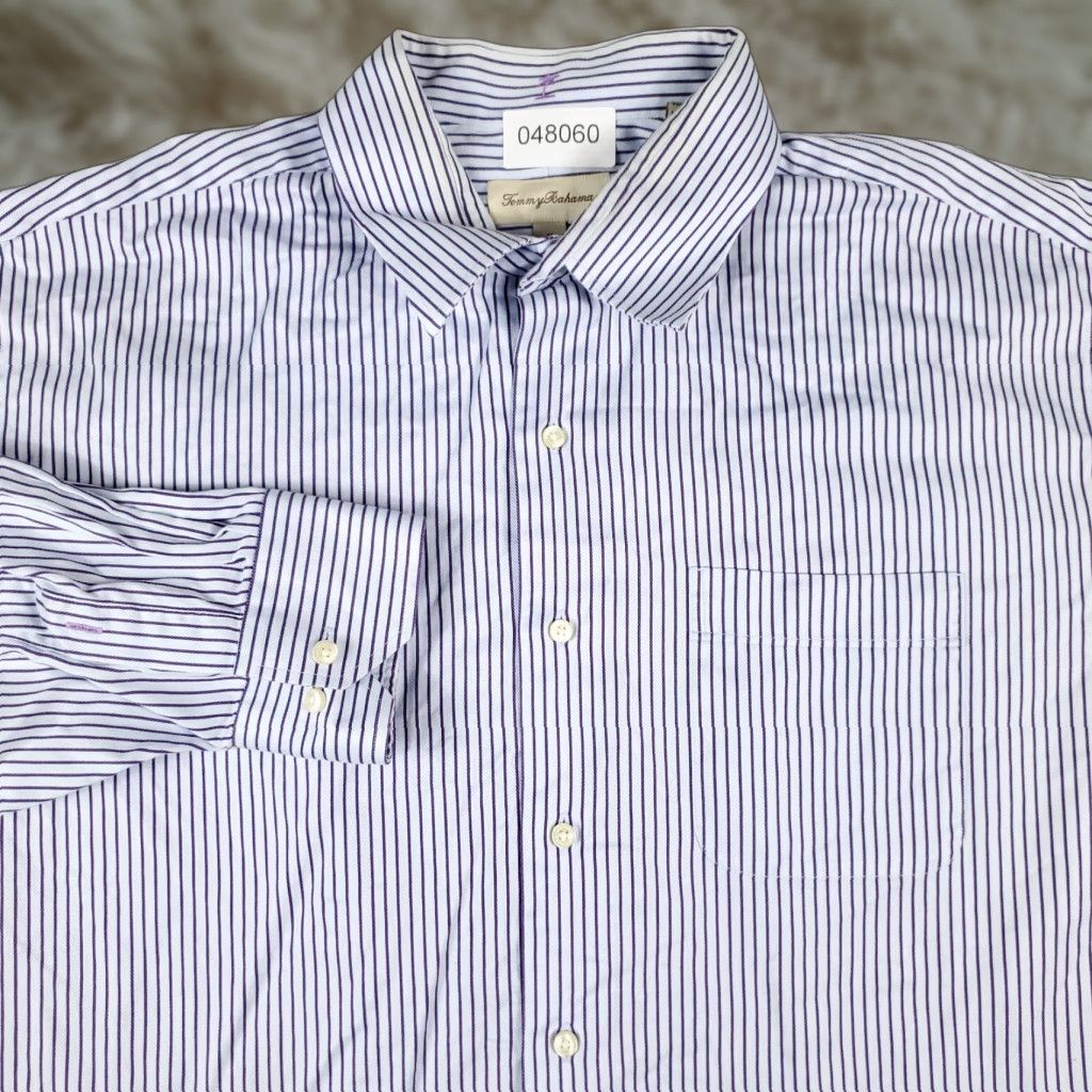 Tommy Bahama Tommy Bahama Shirt Mens 17 Purple Striped Dress Button Up Long Sleeve - Classic, Modern, Preppy, Wedding, Workwear Mens Dress Shirt Size 46R - 1 Thumbnail