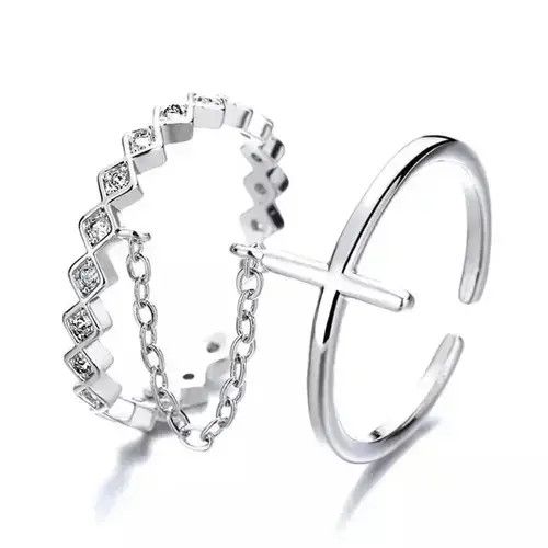 Jewelry x Ring Gold Plated Geometric Double Ring Cross Chain Open Ring in Silver, Men's