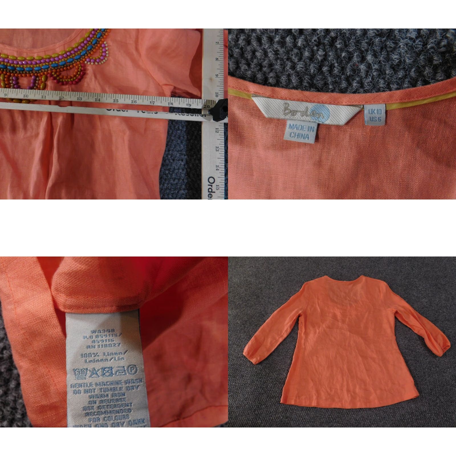 Boden Boden Blouse Womens 6 Orange Linen Beaded Embroidered Boho Shirt 3/4 Sleeve Round Neck Pullover Casual Summer Spring White? Wait. Size M / US 6-8 / IT 42-44 - 8 Thumbnail