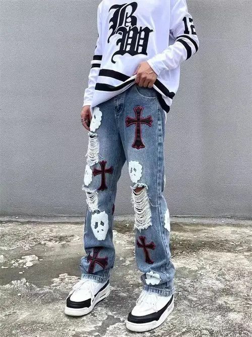 Japanese Brand × Jean High street heavy embroidered ripped straight jeans Size US 32 / EU 48 - 1 Thumbnail