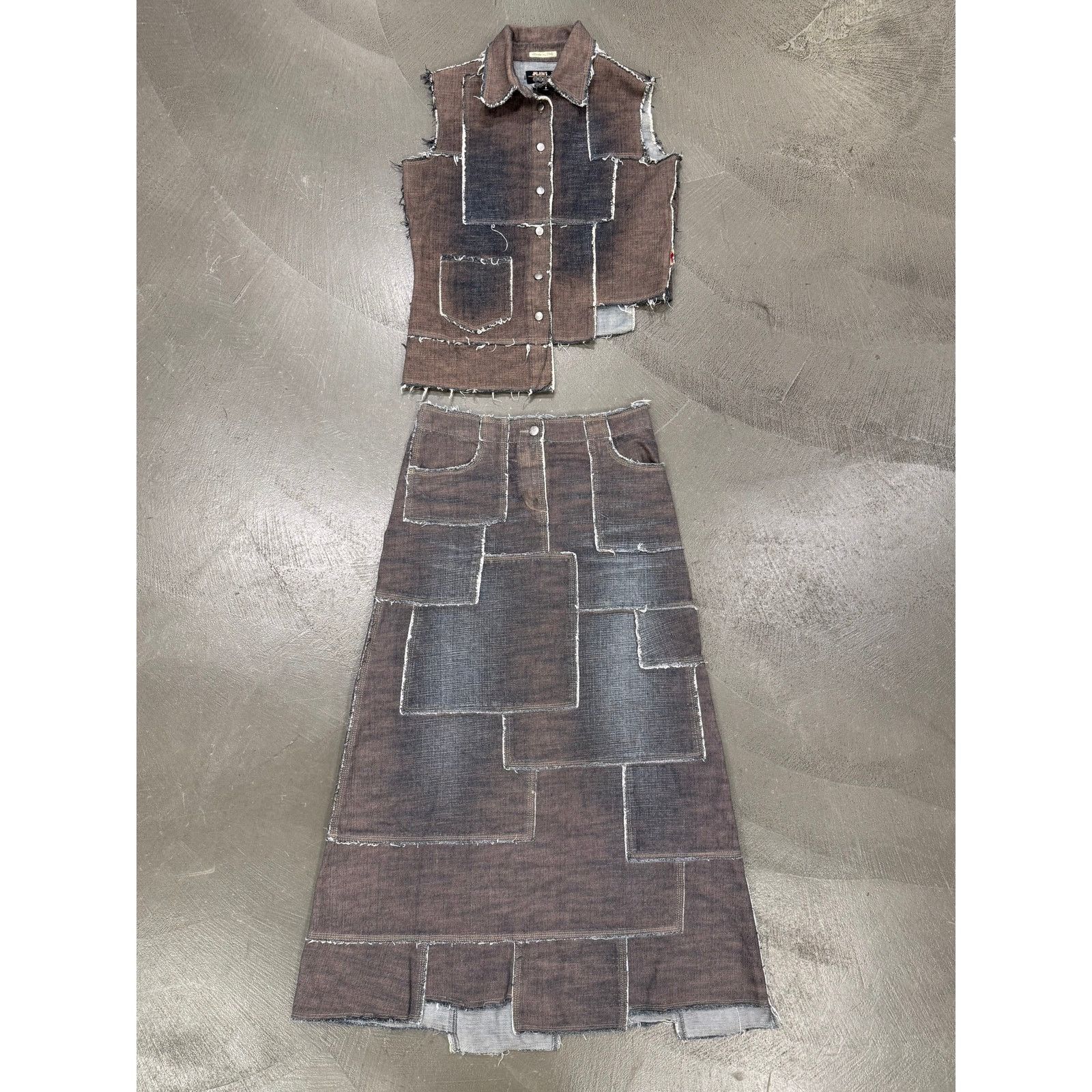 Jean Paul Gaultier 2000s Jean Paul Gaultier denim patchwork set top long skirt Size 29" - 2 Thumbnail