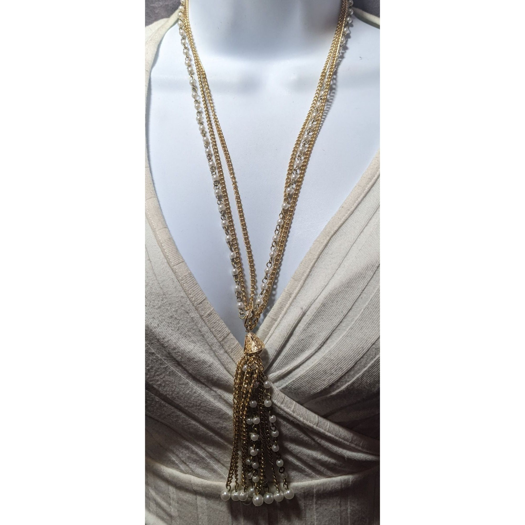 Other Gold Tone Faux Pearl Multistrand Tassel Necklace Size ONE SIZE - 3 Thumbnail