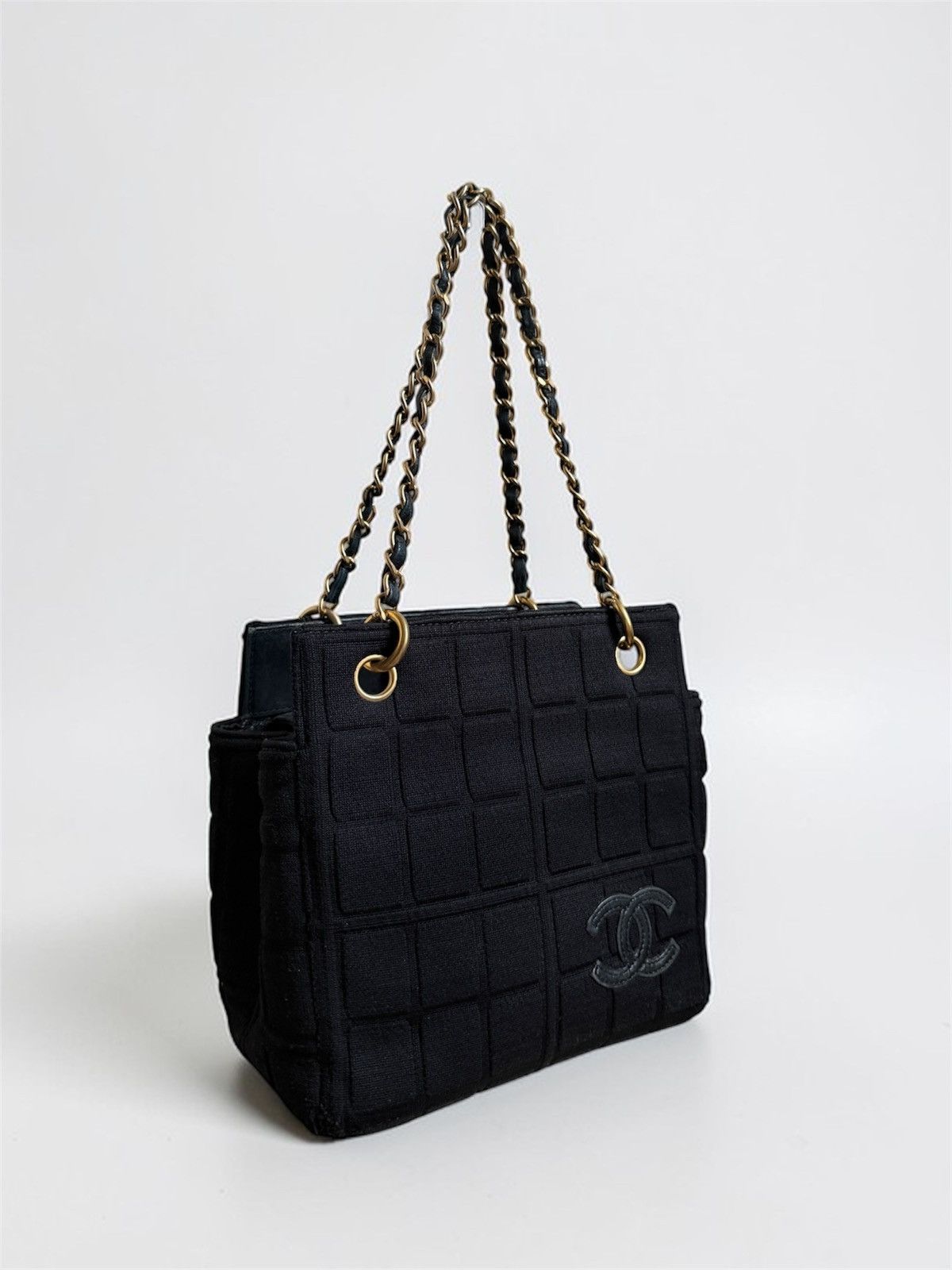 Chanel Chanel Vintage Chocobar Black Jersey Tote with chain straps Size ONE SIZE - 11 Thumbnail