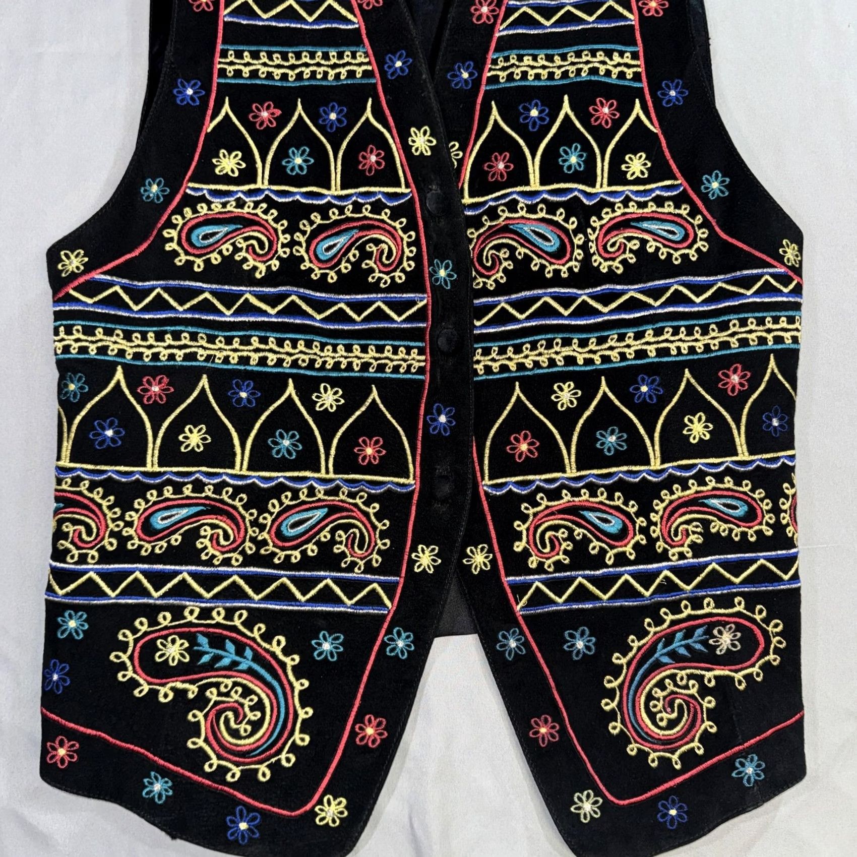 Terez Erez Levy Suit Vest Mens Small Black Leather Embroidered Paisley Multicolor Boho Size 36R - 4 Thumbnail