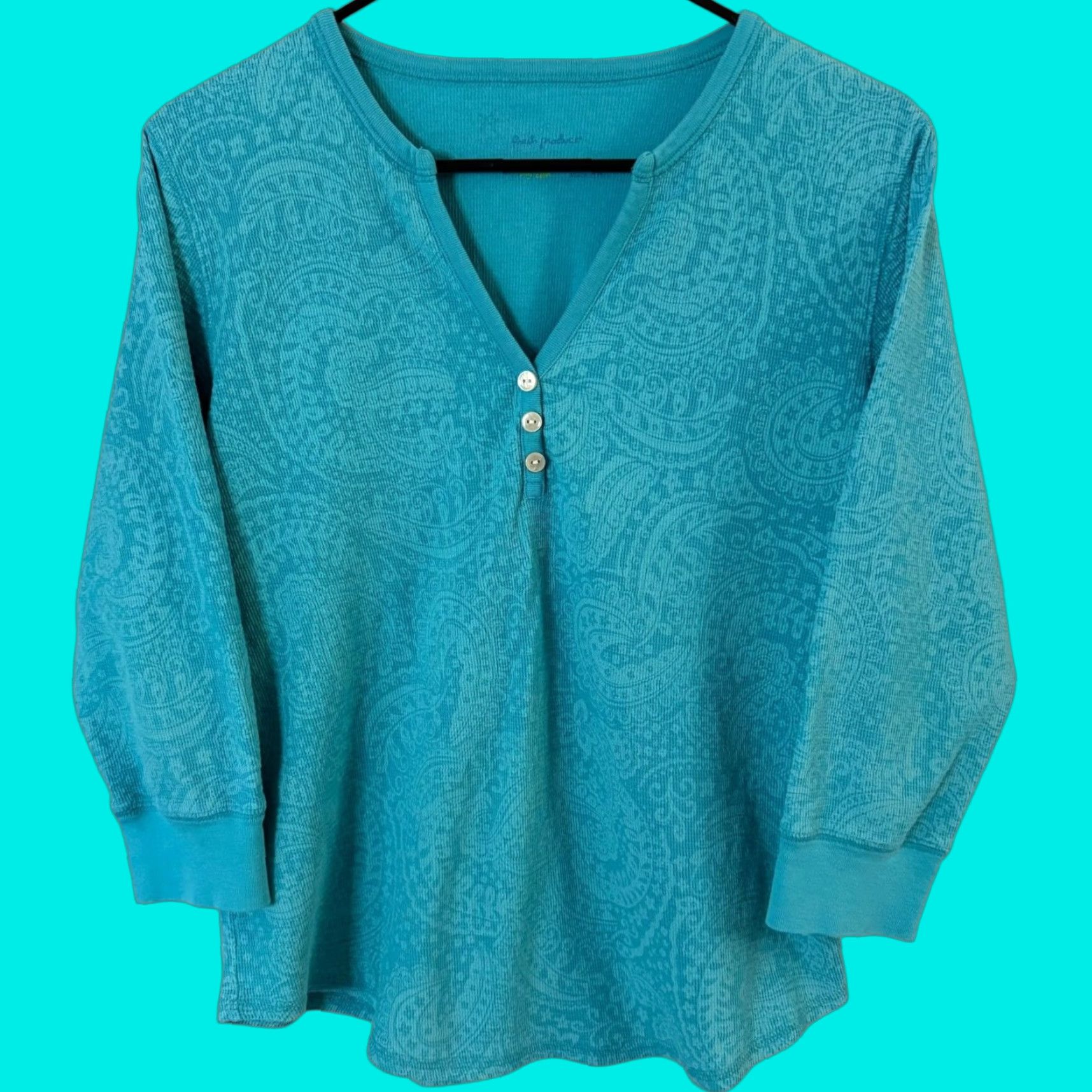Vintage Fresh Produce 3/4 Sleeve Paisley Print V-Neck Henley Shirt Women's Large Blue Size L / US 10 / IT 46 - 1 Thumbnail