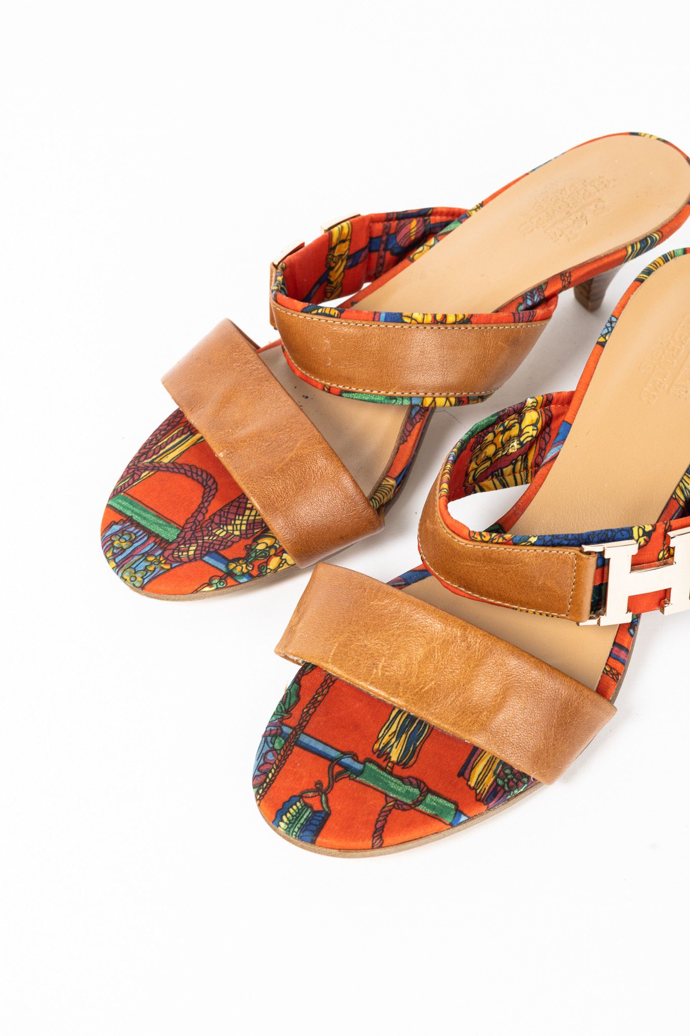 Hermes Hermes Brown Leather & Orange Printed-Silk Mule Sandals Size US 7.5 / IT 37.5 - 7 Thumbnail
