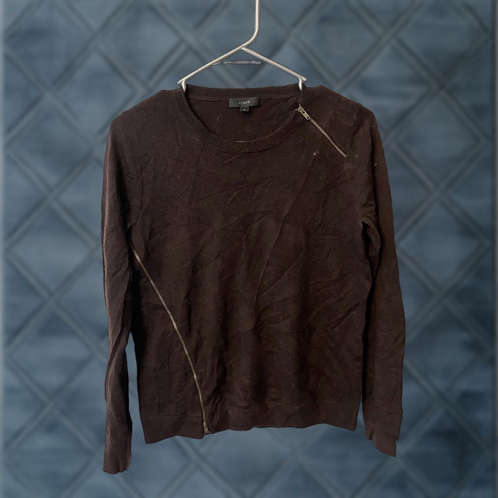 J.Crew J.CREW Merino Wool Asymmetrical Zip Sweater, Brown, S, Women, Wool, V-Neck, 100% Wool, B1264, Size S Size S / US 4 / IT 40 - 1 Thumbnail