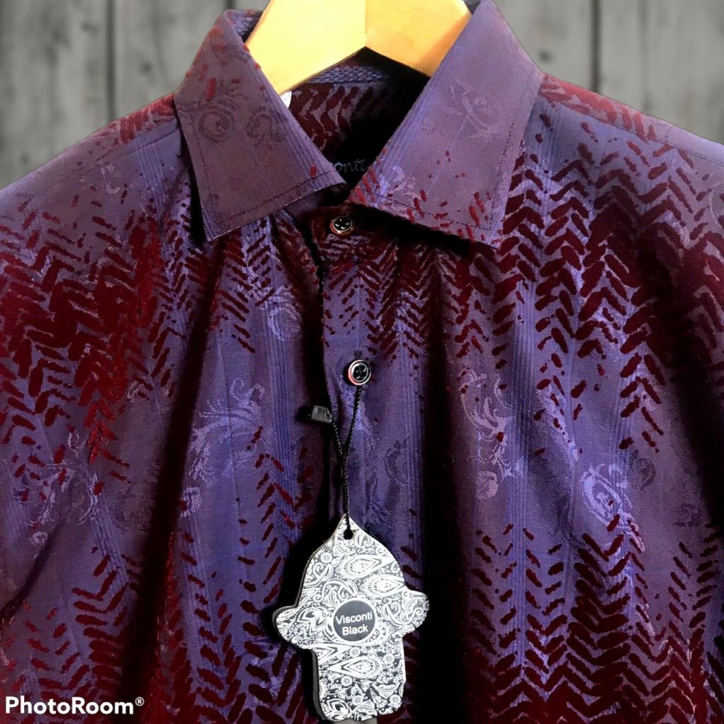 Luchiano Visconti VINTAGE Visconti Black Shirt Mens Small Flocked Deep Red Chevron Long Sleeve #3986 Size US S / EU 44-46 / 1 - 1 Thumbnail