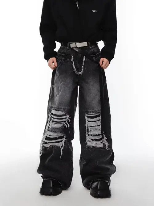 Japanese Brand × Vintage Retro punk distressed ripped jeans hole pants y2k Size US 33 - 1 Thumbnail