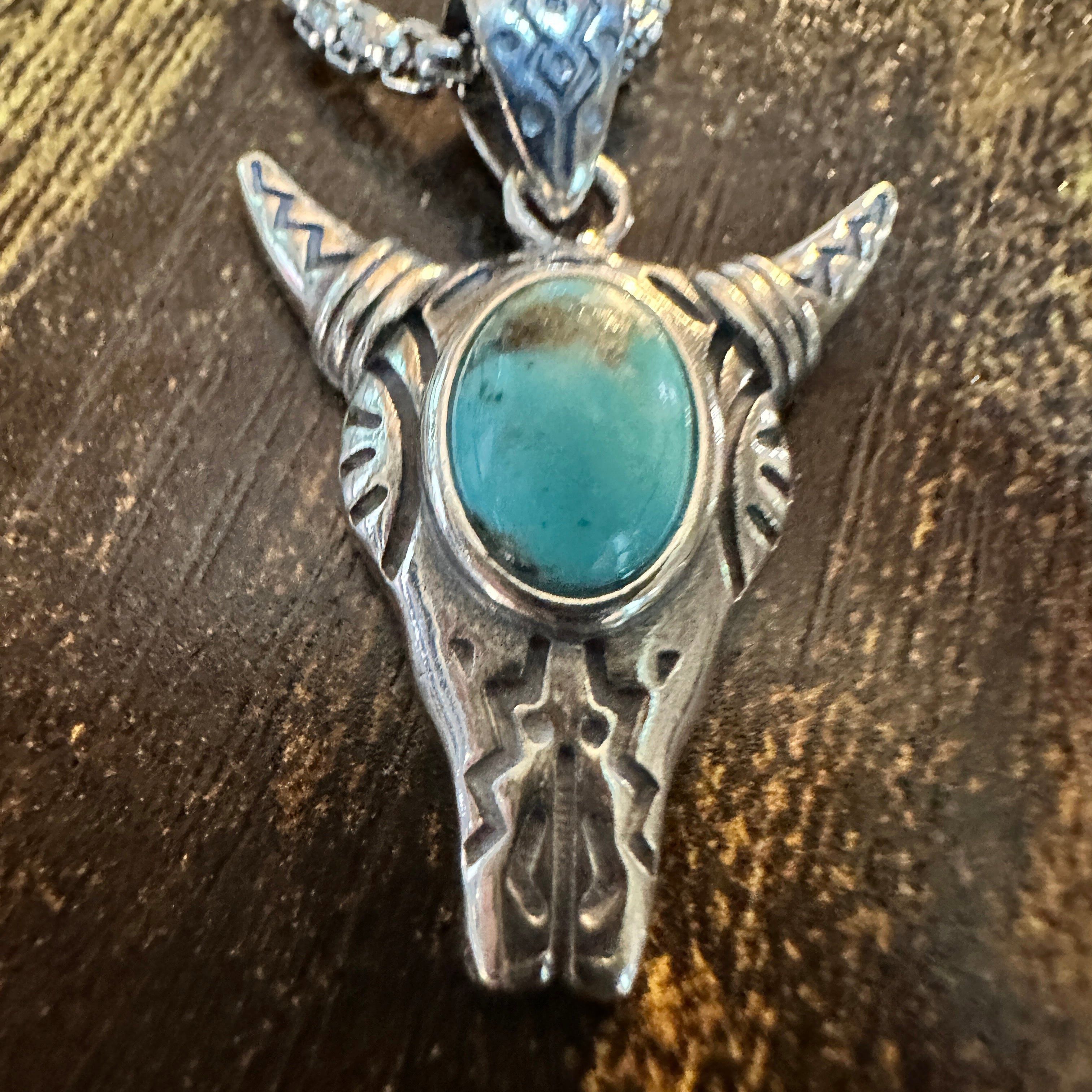 Other Boho Turquoise-Embellished Cow Skull Chain Necklace: 18" Ste Size ONE SIZE - 3 Thumbnail
