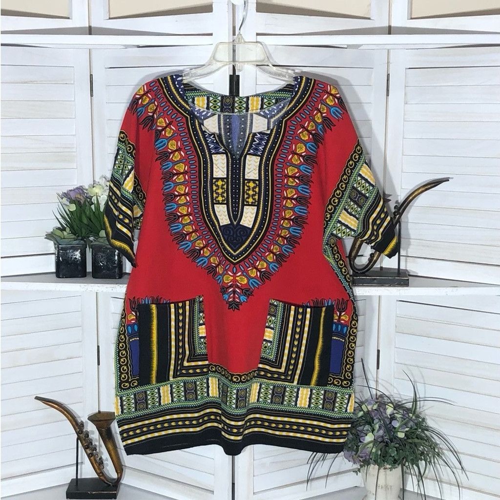Vintage 70s hippie batik paisley red black green cotton tunic sz L Size US L / EU 52-54 / 3 - 1 Thumbnail