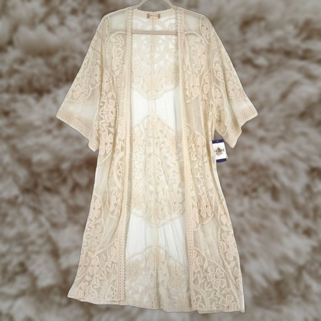 NWT Altar'd State Cottagecore Womens L Lace Duster Boho Kimono Long Line Cover Up Shirt?