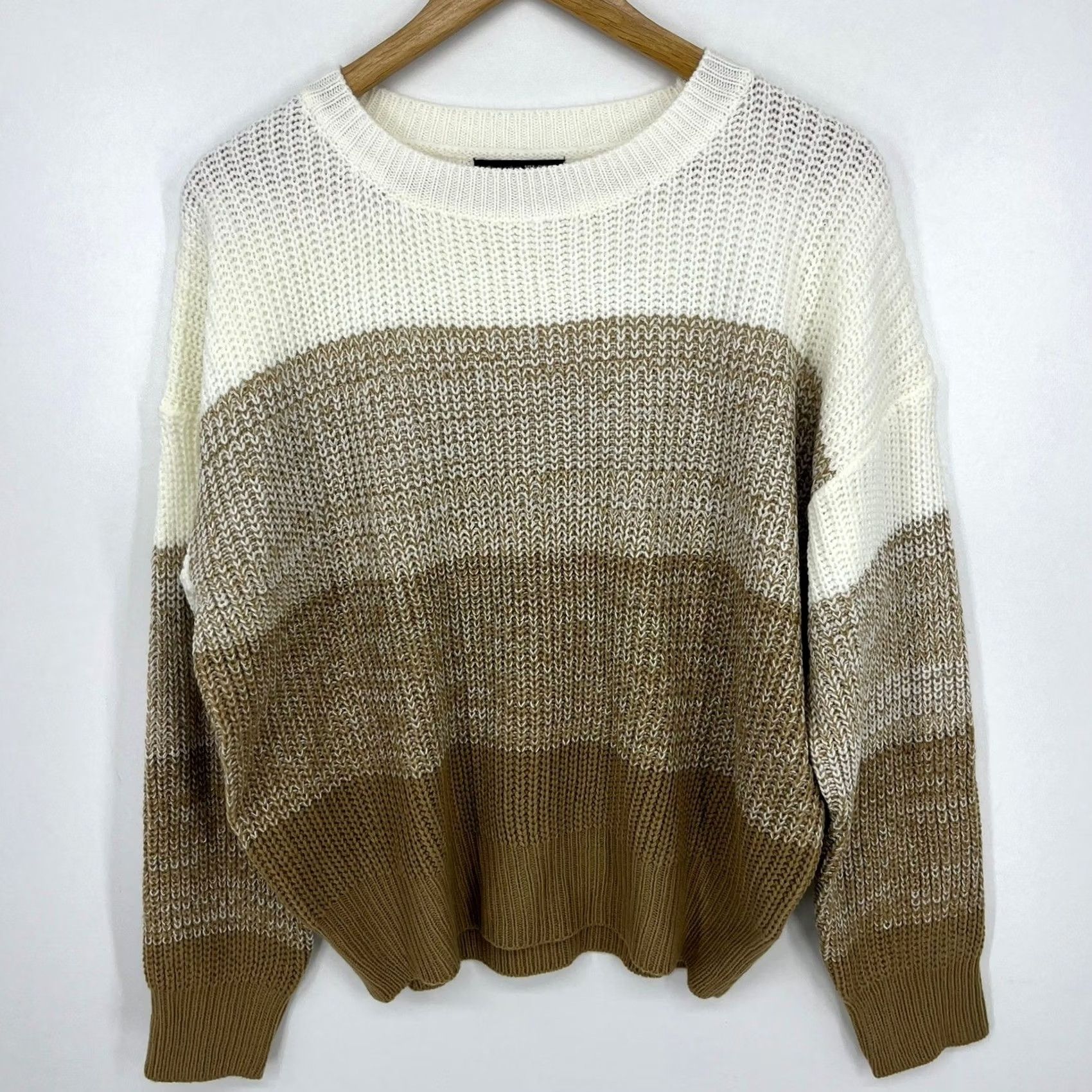 Shein Shein Womens Sweater White Tan Long Sleeve Crewneck Small Knit Colorblock Casual Size S / US 4 / IT 40 - 2 Thumbnail