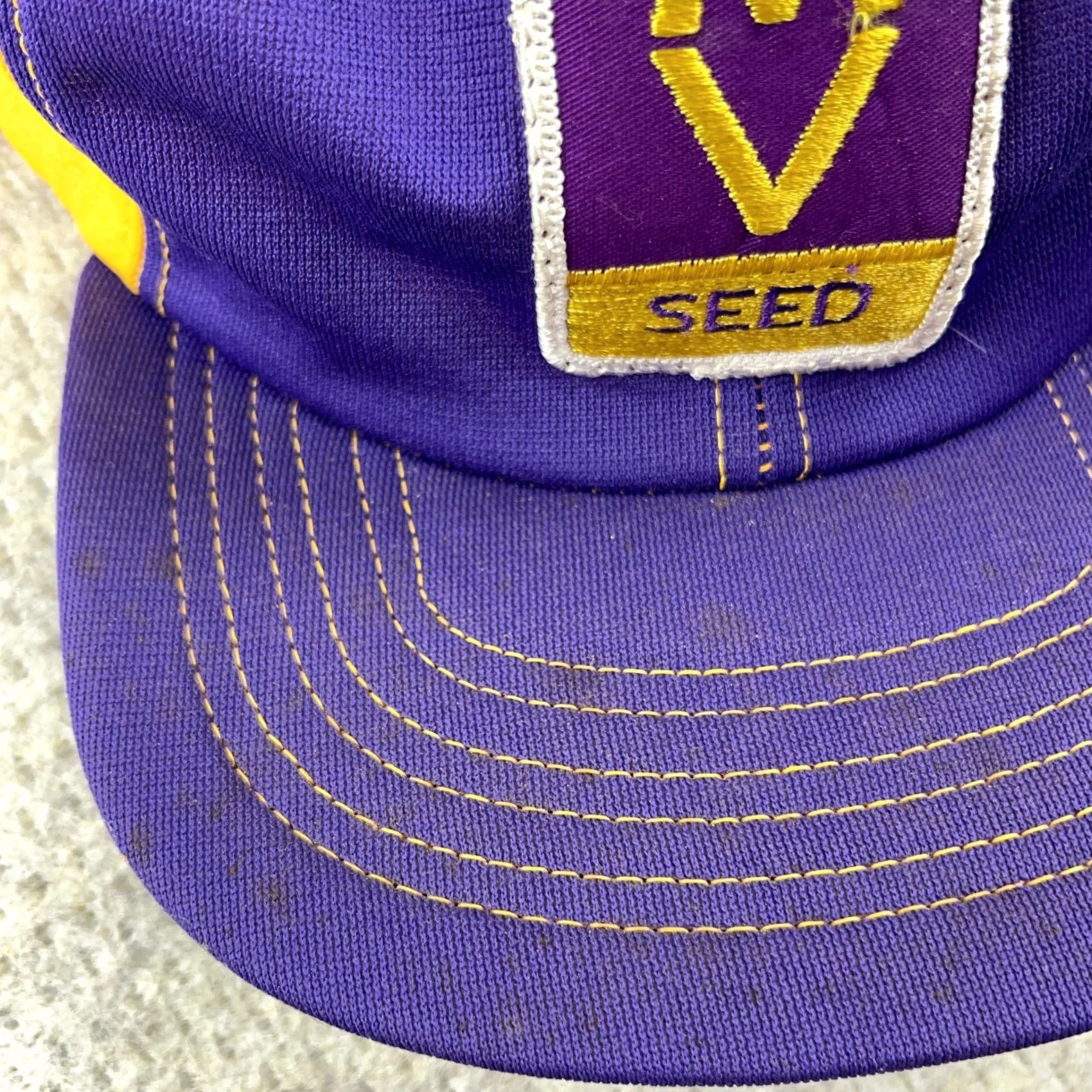 Vintage VINTAGE MV Seeds Trucker Hat Cap Made USA 80s Farm Purple Yellow Patch Snapback Cap Men One Size Purple 80s Vintage Trucker Hat Cap USA MV Seeds WWII? Size ONE SIZE - 2 Thumbnail