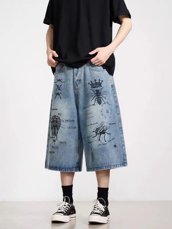 Vintage VIBE Retro graffiti insect pattern baggy denim shorts Size US 30 / EU 46 - 5 Thumbnail
