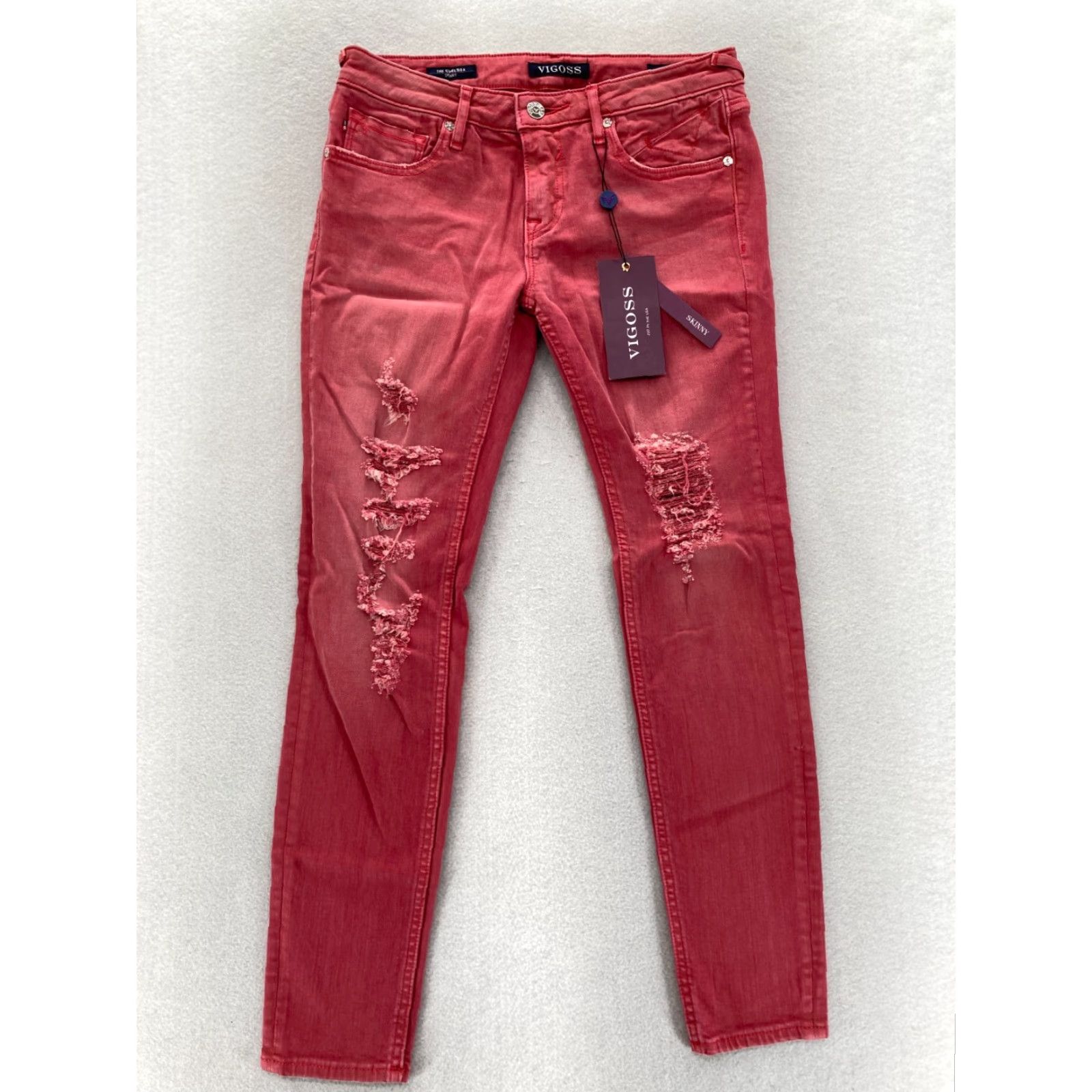 Vintage VIGOSS Chelsea Skinny Jeans Women's 27 Pink Denim Distressed Grunge Stretch 5-Pocket Inseam 28 Dark Pink Size 27" / US 4 / IT 40 - 2 Thumbnail