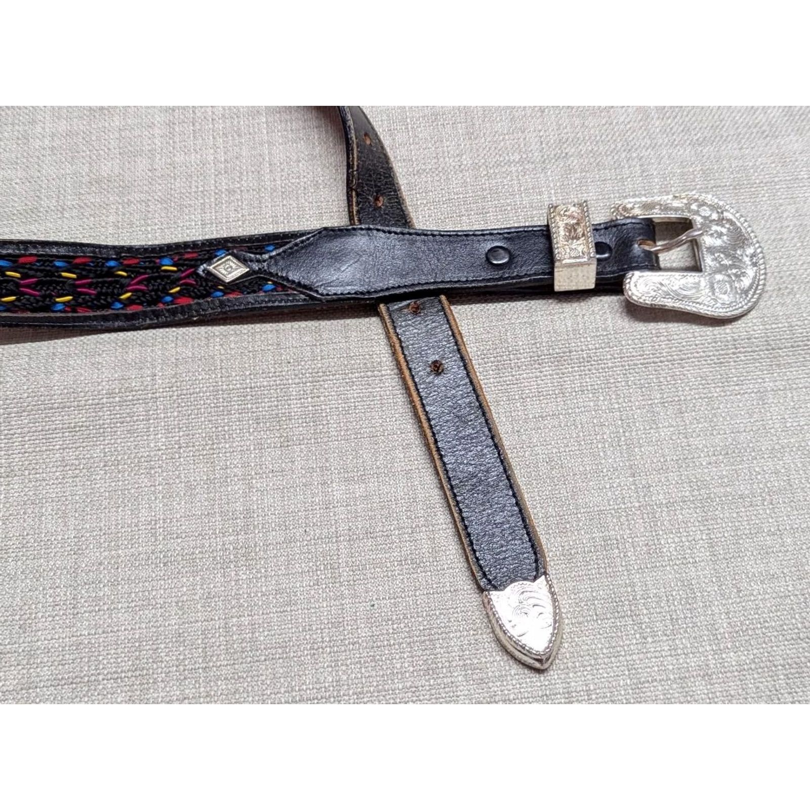 Vintage VINTAGE USA made WESTERN Belt 28 black leather EMBROIDERED cowhide RODEO buckle Size 28 - 5 Thumbnail