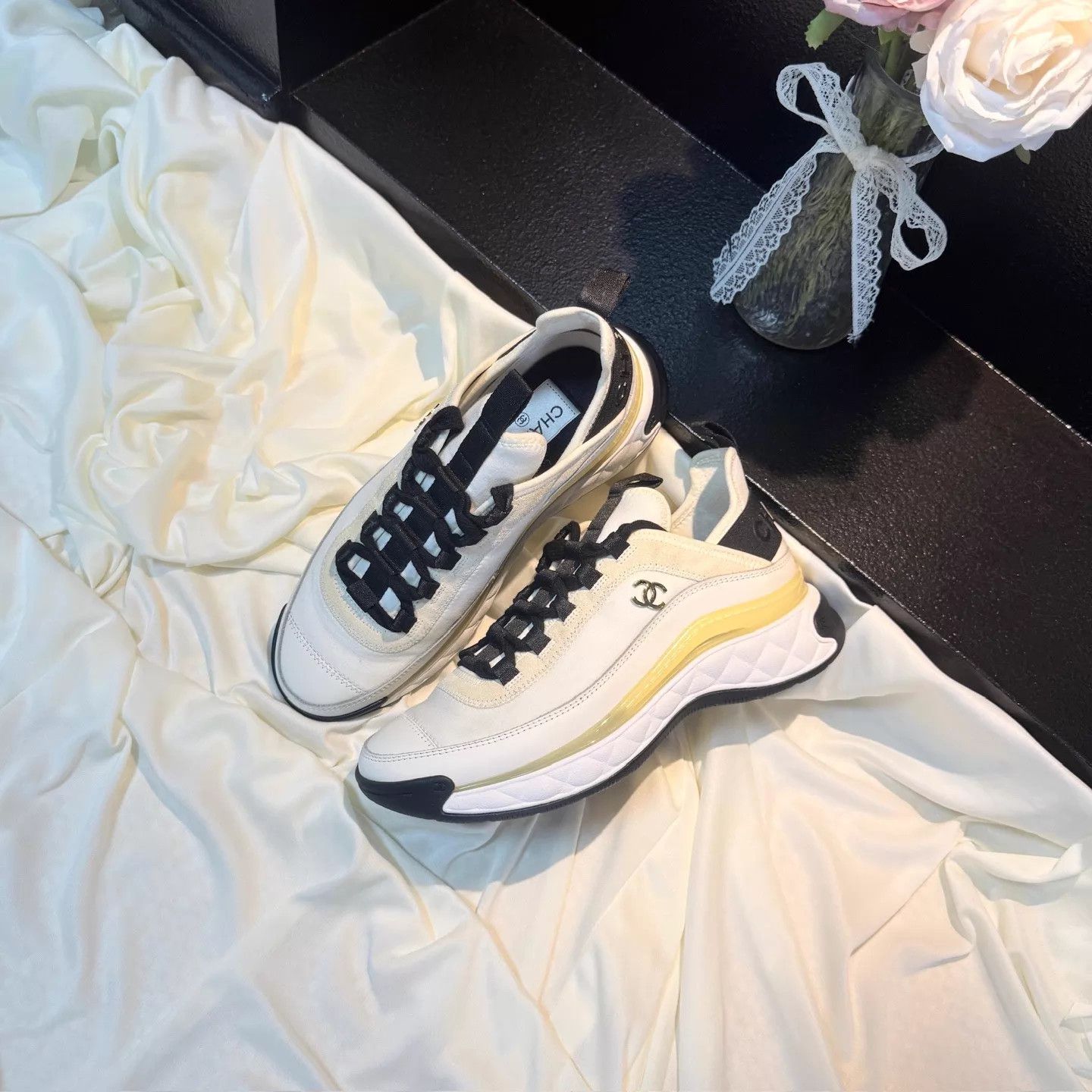 Chanel CHANEL Black White Panda CC Gold Logo Sneakers 36.5 Size US 6 / IT 36 - 1 Thumbnail