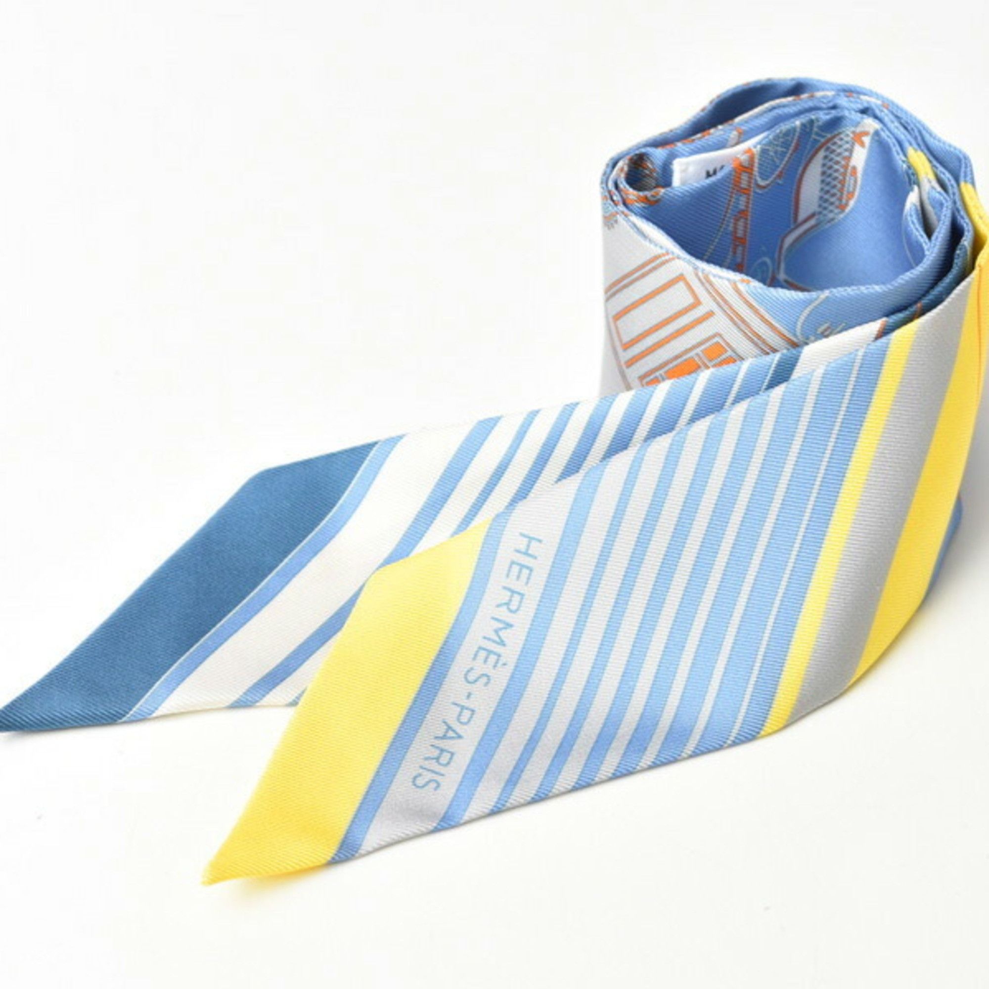 image of Hermes Twilly Scarf Muffler Hermes Silk Twill Carriage Motif Light Blue Yellow, Women's