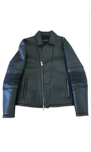 image of Emporio Armani Leather Biker Jacket in Black, Men's (Size XL)