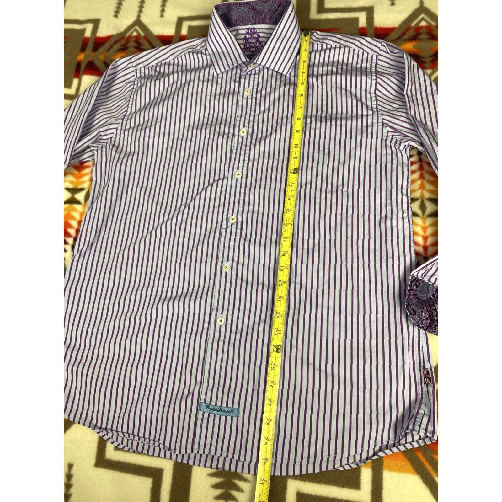 English Laundry English Laundry Dress Shirt Men 17 34/45 Cuff Long Sleeve Purple Blue Stripes Size 46R - 5 Thumbnail