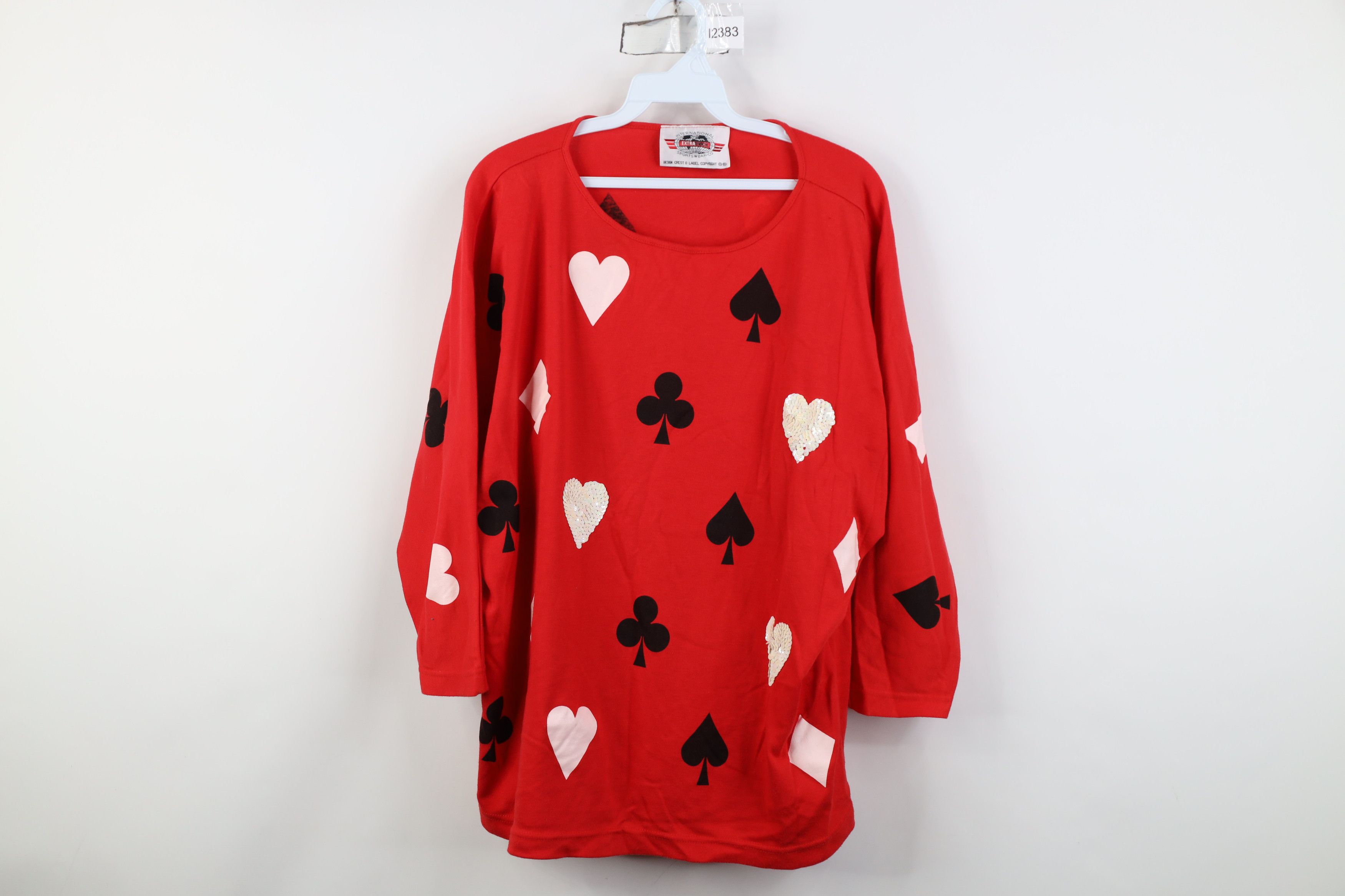Vintage Vintage 80s 90s Sequin Card Suit Poker 3/4 Sleeve T-Shirt Size XXL / US 16-18 / IT 52-54 - 1 Thumbnail